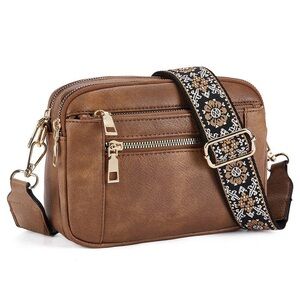 Brown Crossbody Bag with Patterned Strap